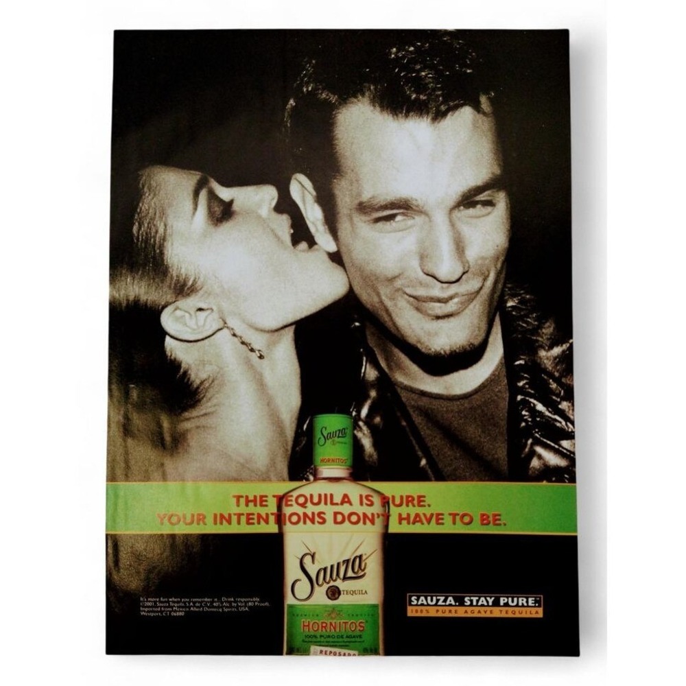 2001 Sauza Tequila Print Ad Page Y2K Humor Pure Intentions Woman Licking Man Ear